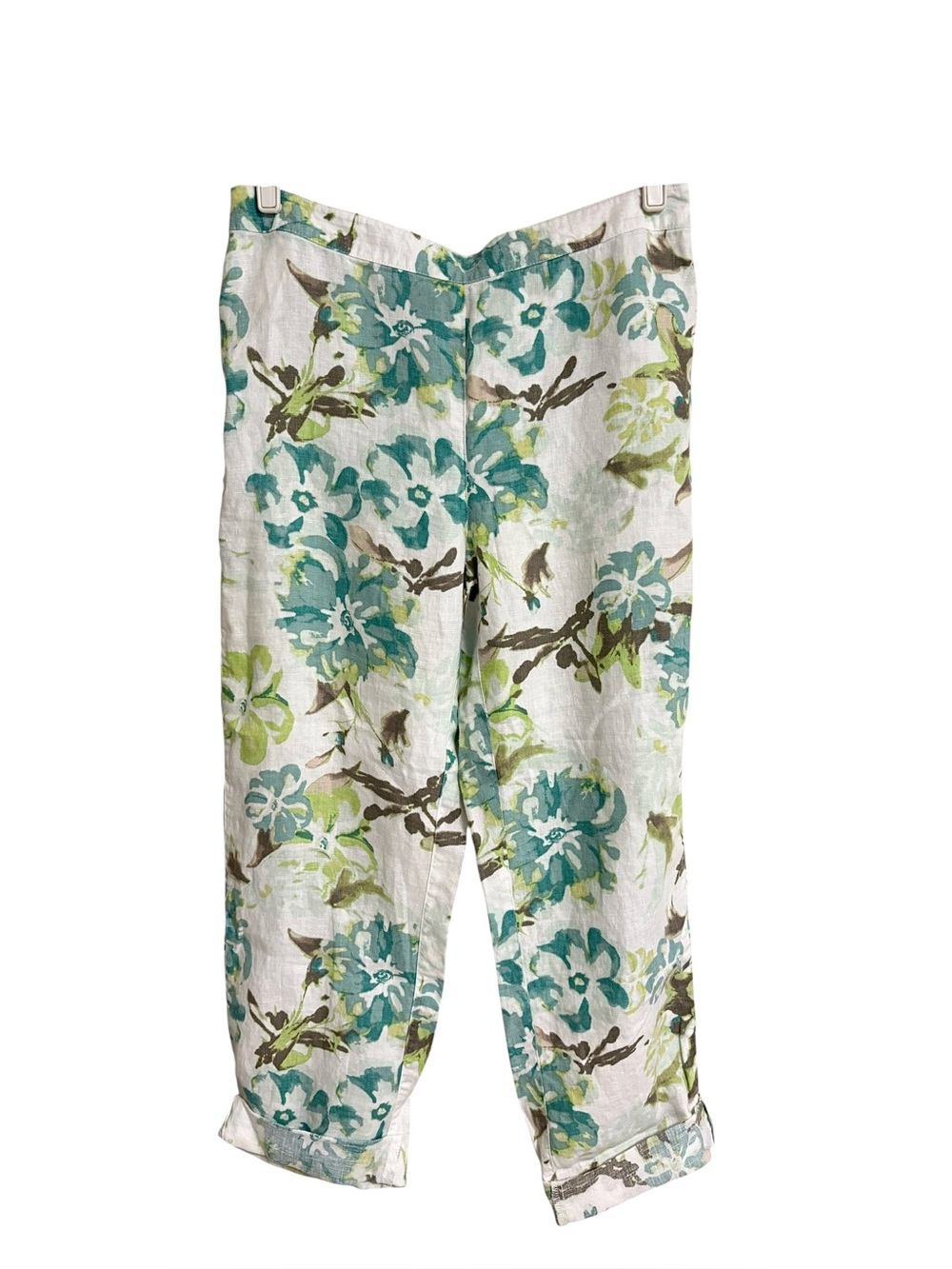 Chico’s blue green floral botanical garden print summer linen pull on pants M